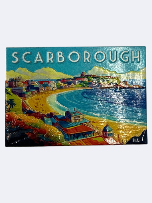 Artistic depiction of Scarborough with a coastal scene and 'Scarborough' text.