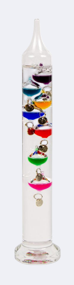 Glass bottle with colorful liquid levels indicator on a white background