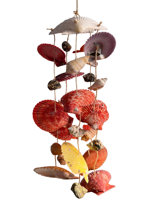 Decorative shell mobile hanging against a plain wall