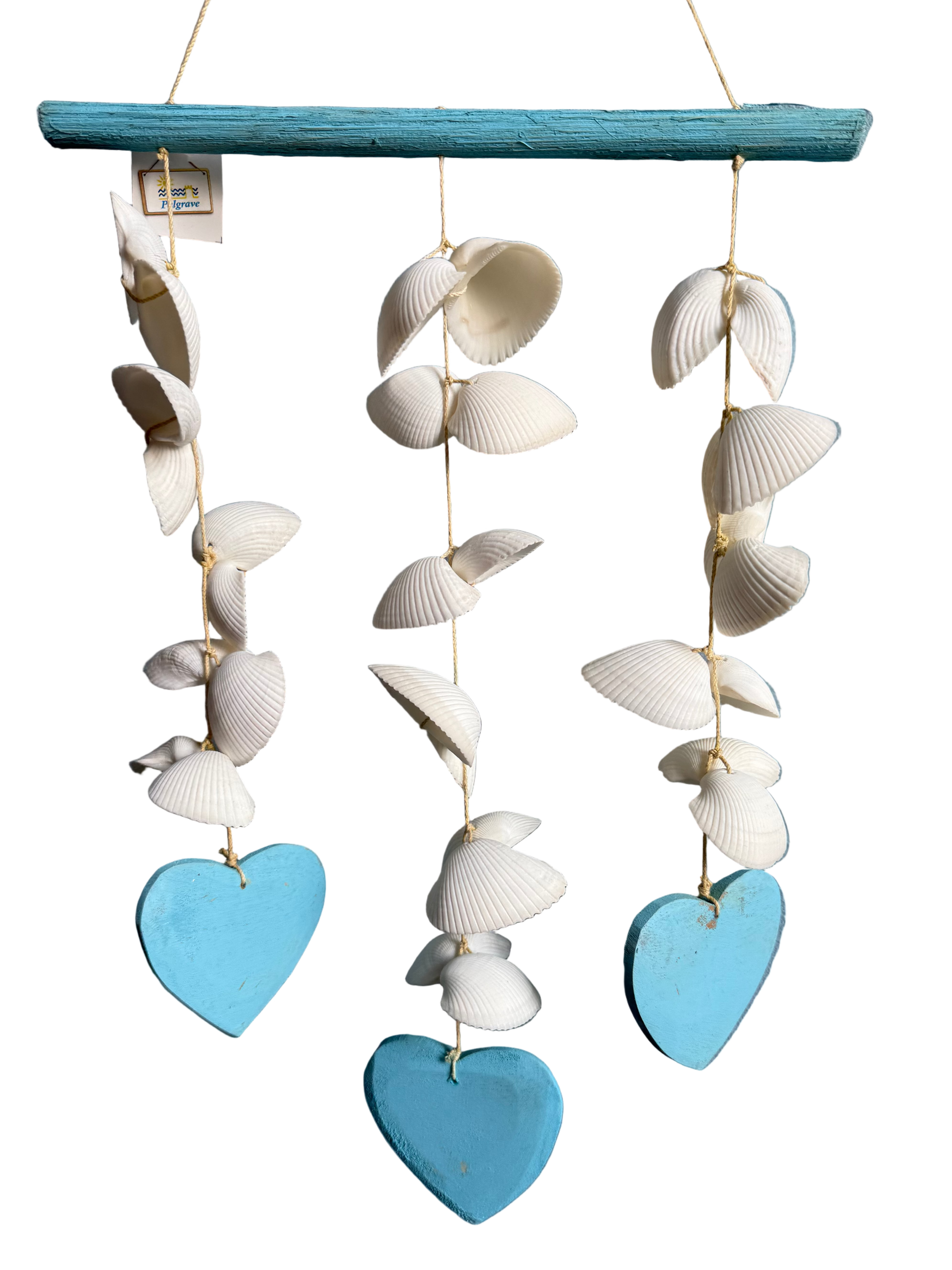 Decorative hanging with seashells and blue hearts on a blue wall