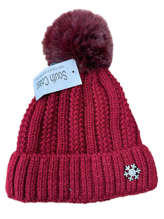 Chunky Knit Bobble Hat with Diamanté Snowflake Badge