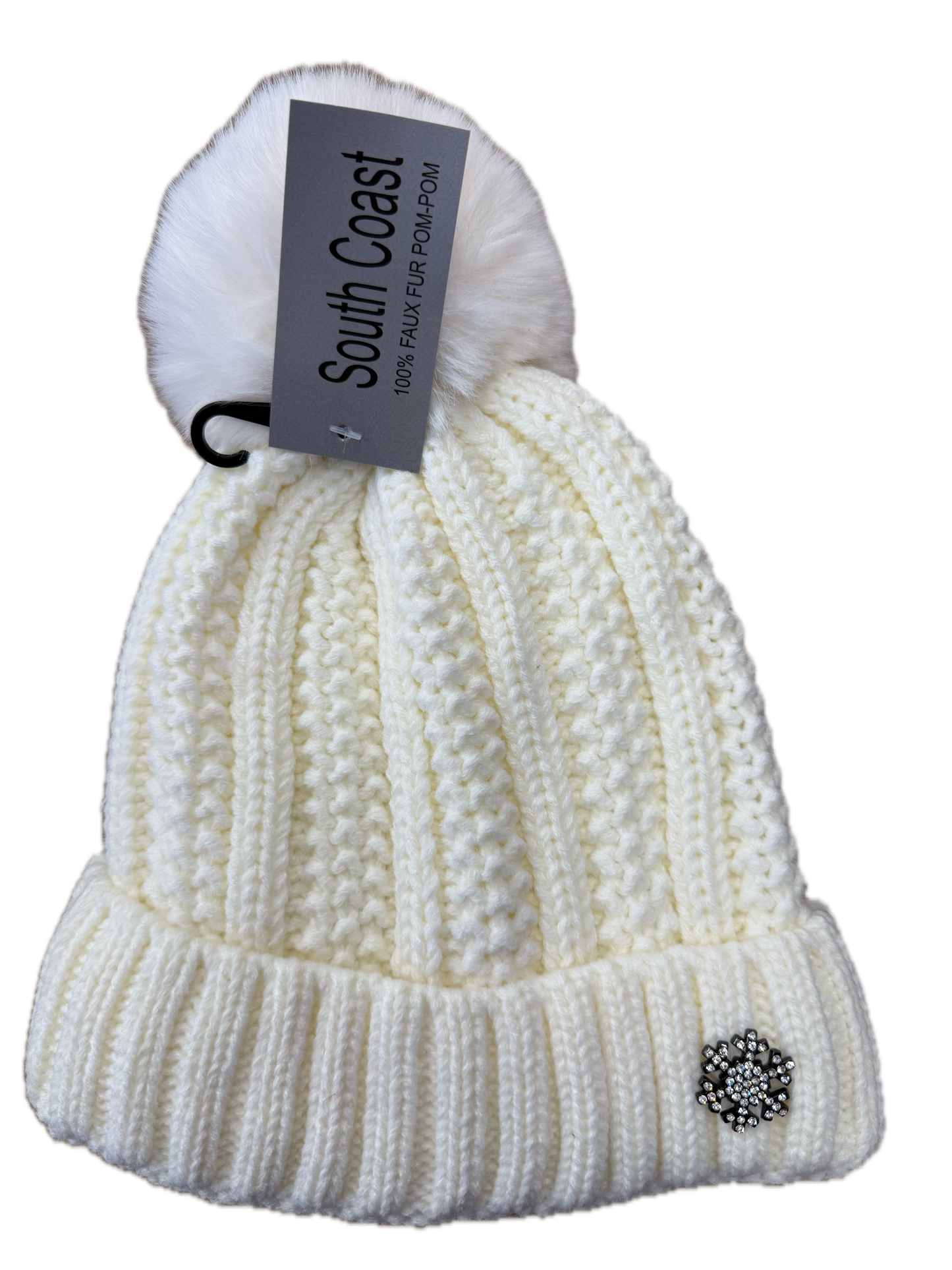 Chunky Knit Bobble Hat with Diamanté Snowflake Badge
