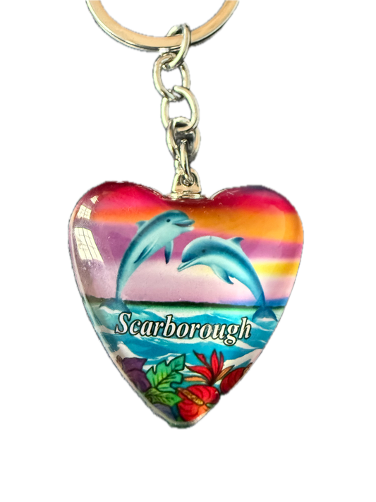 Heart-shaped keychain with colorful design and 'Scarborough' text on a white background