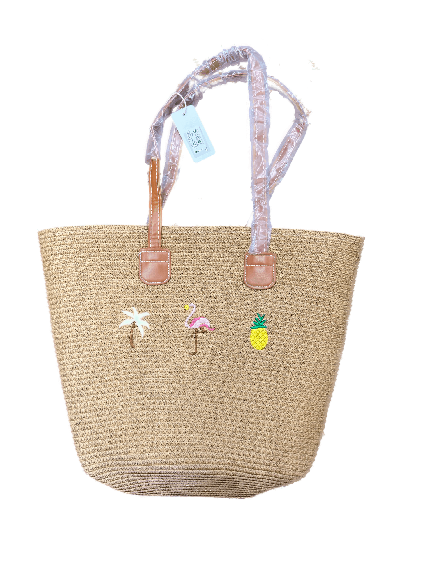 Flamingo Embroidered Rattan Bag
