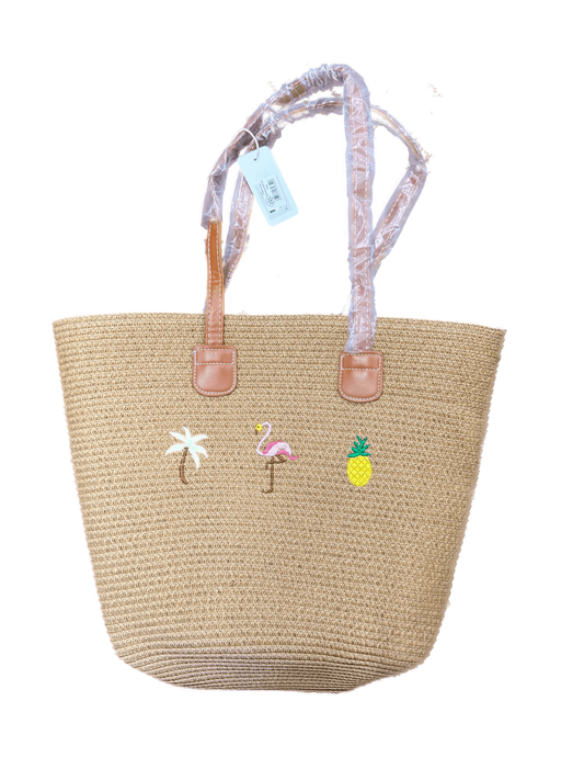 Flamingo Embroidered Rattan Bag