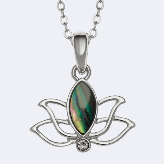 Silver lotus flower pendant with a green stone on a white background