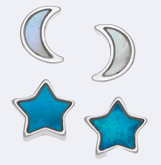 A set of two pairs of stud earrings, one pair shaped like moons with mother of pearl shell and the other like stars with blue mother of pearl shell, all against a white background.