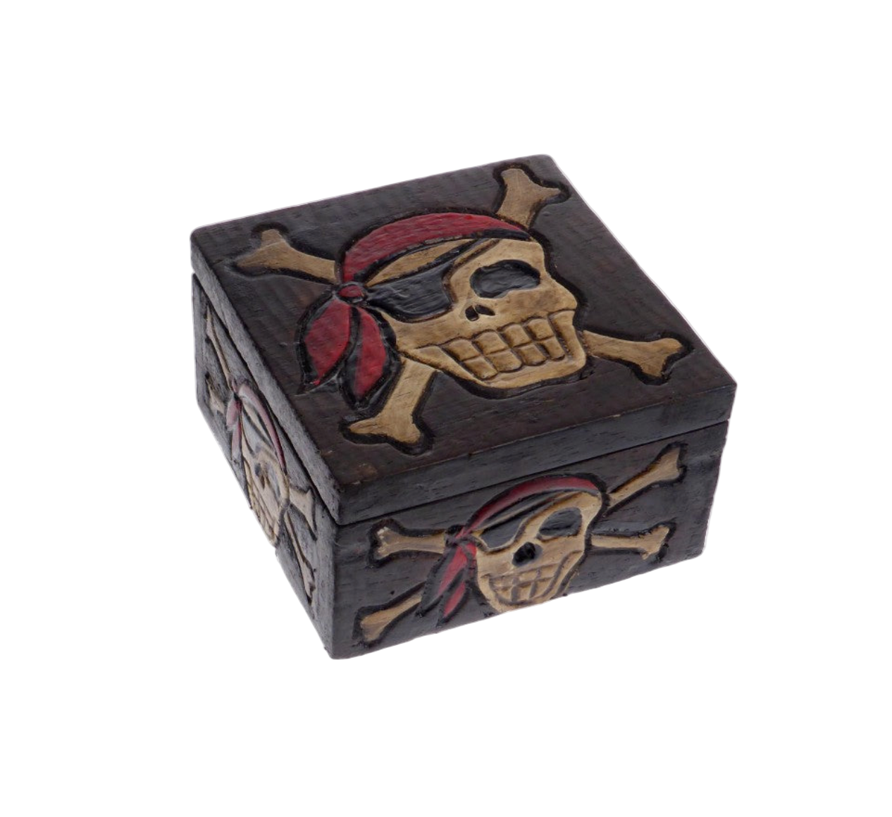 Wooden box with pirate-themed design featuring skulls and crossbones on a white background