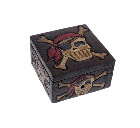 Wooden box with pirate-themed design featuring skulls and crossbones on a white background