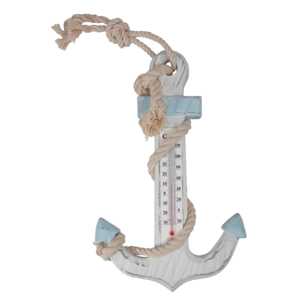 Decorative anchor-shaped thermometer with rope on a white background