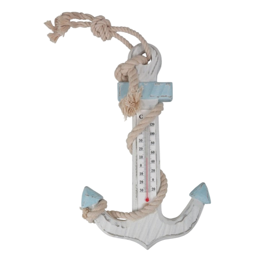 Decorative anchor-shaped thermometer with rope on a white background