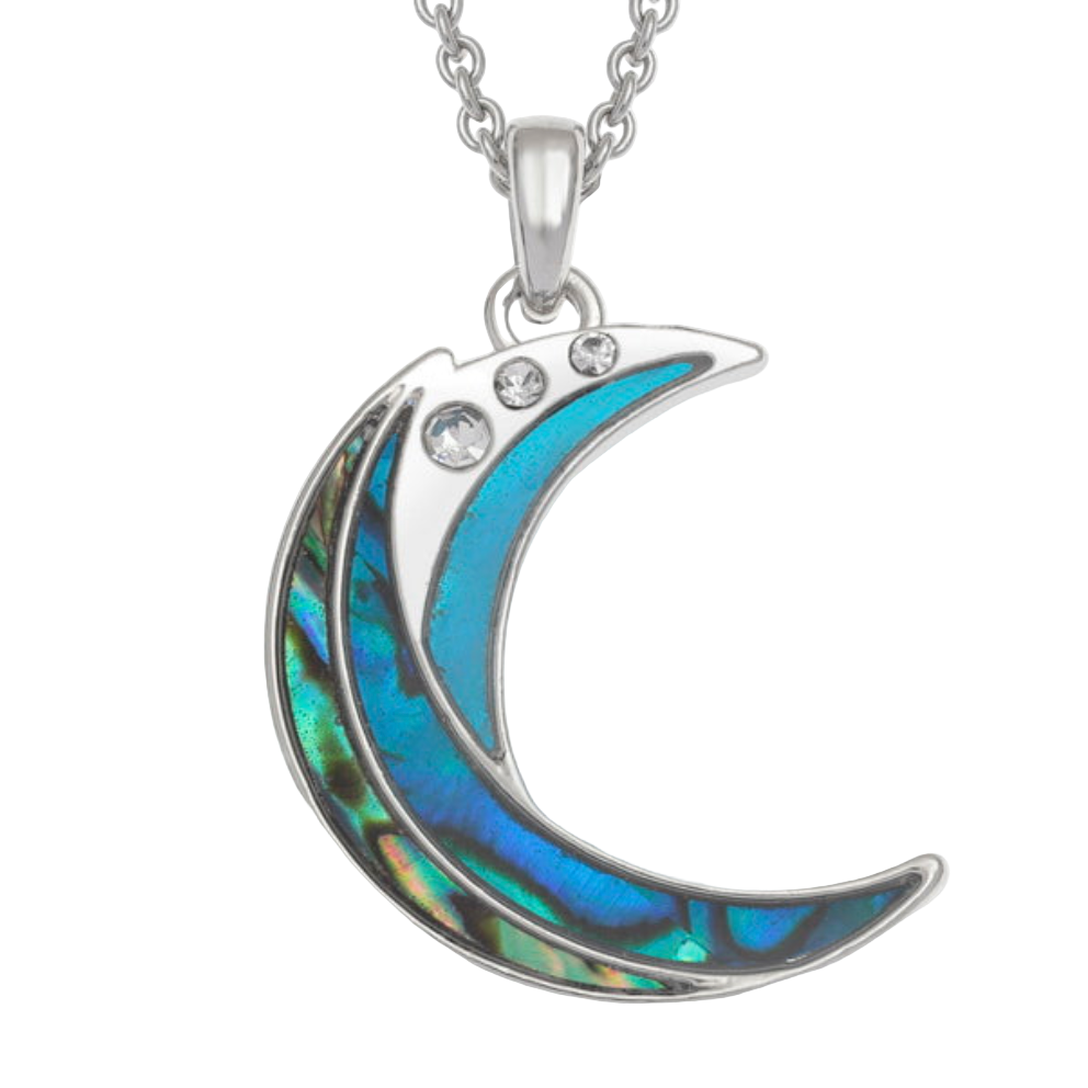 Crescent moon-shaped pendant with blue inlay and clear stones on a white background