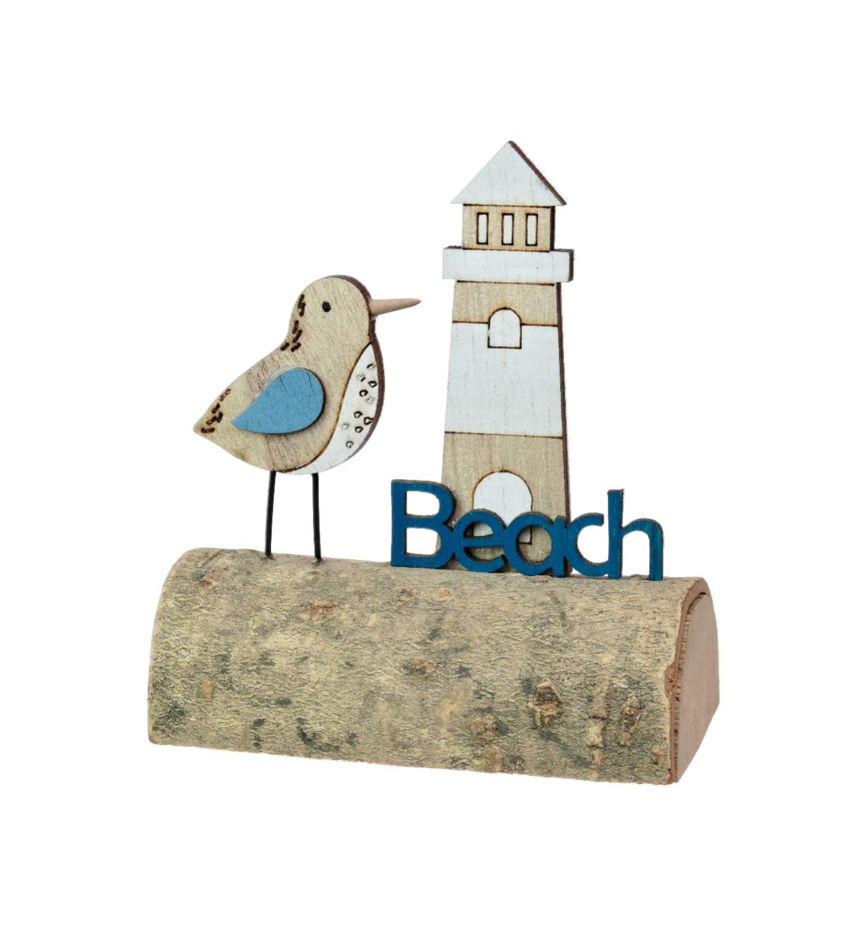 Decorative piece with a lighthouse, bird, and 'Beach' sign on a log.