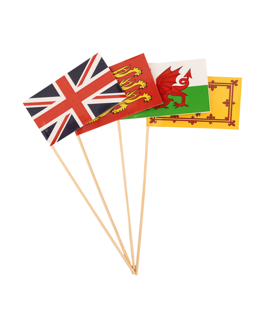 Set of British and Welsh flags on sticks against a white background