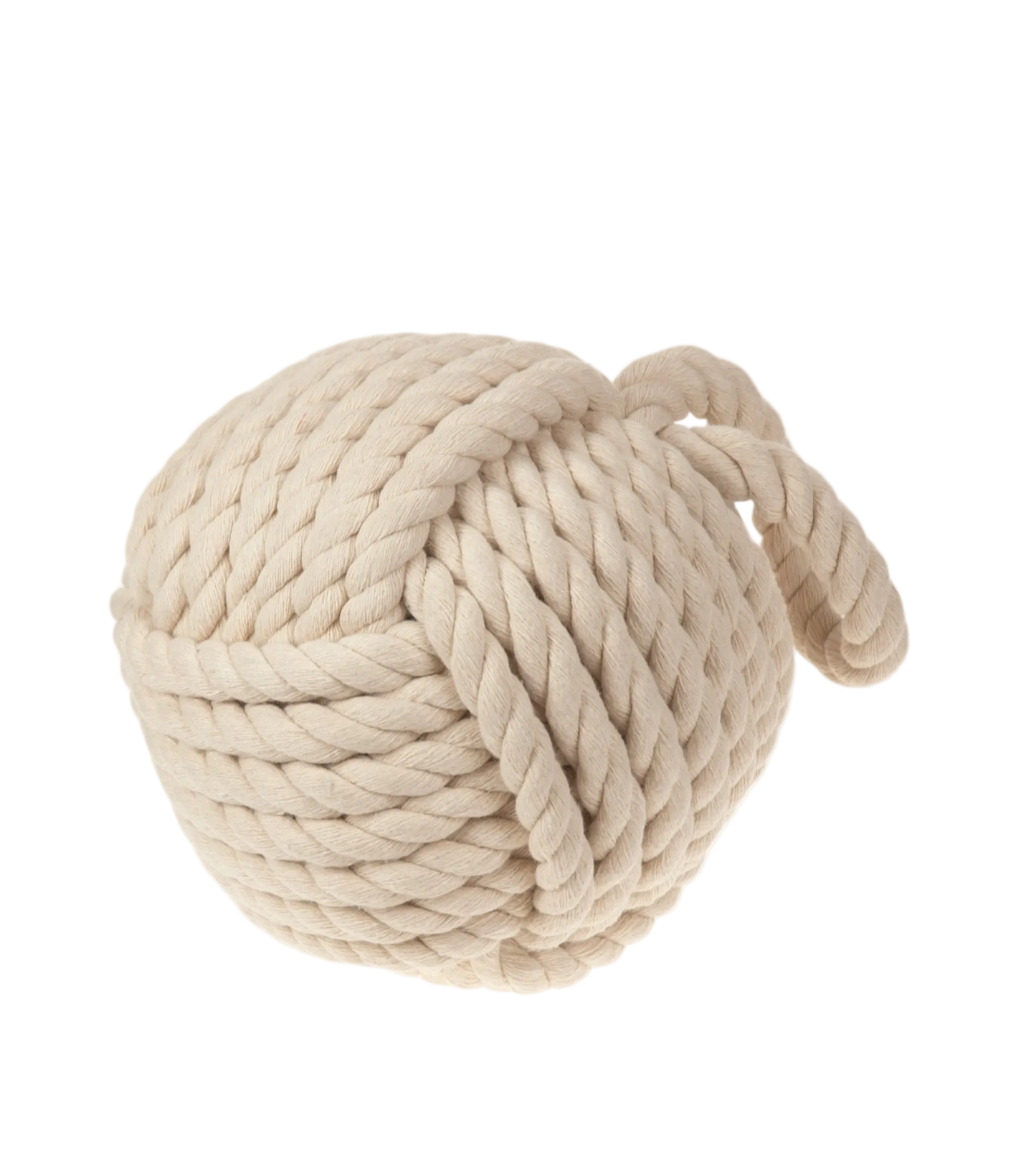Large ball of beige braided rope on a white background