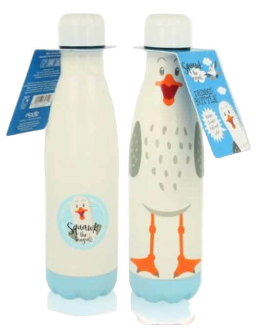 Two insulated bottles with cartoon seagull designs on a white background