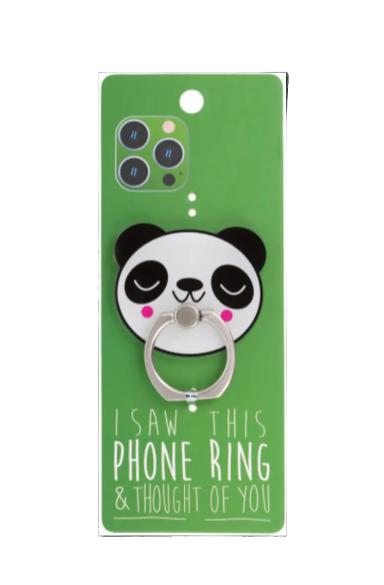 Phone case with panda design and ring holder on a green background