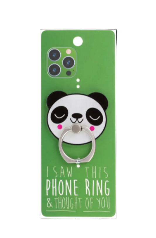 Phone case with panda design and ring holder on a green background