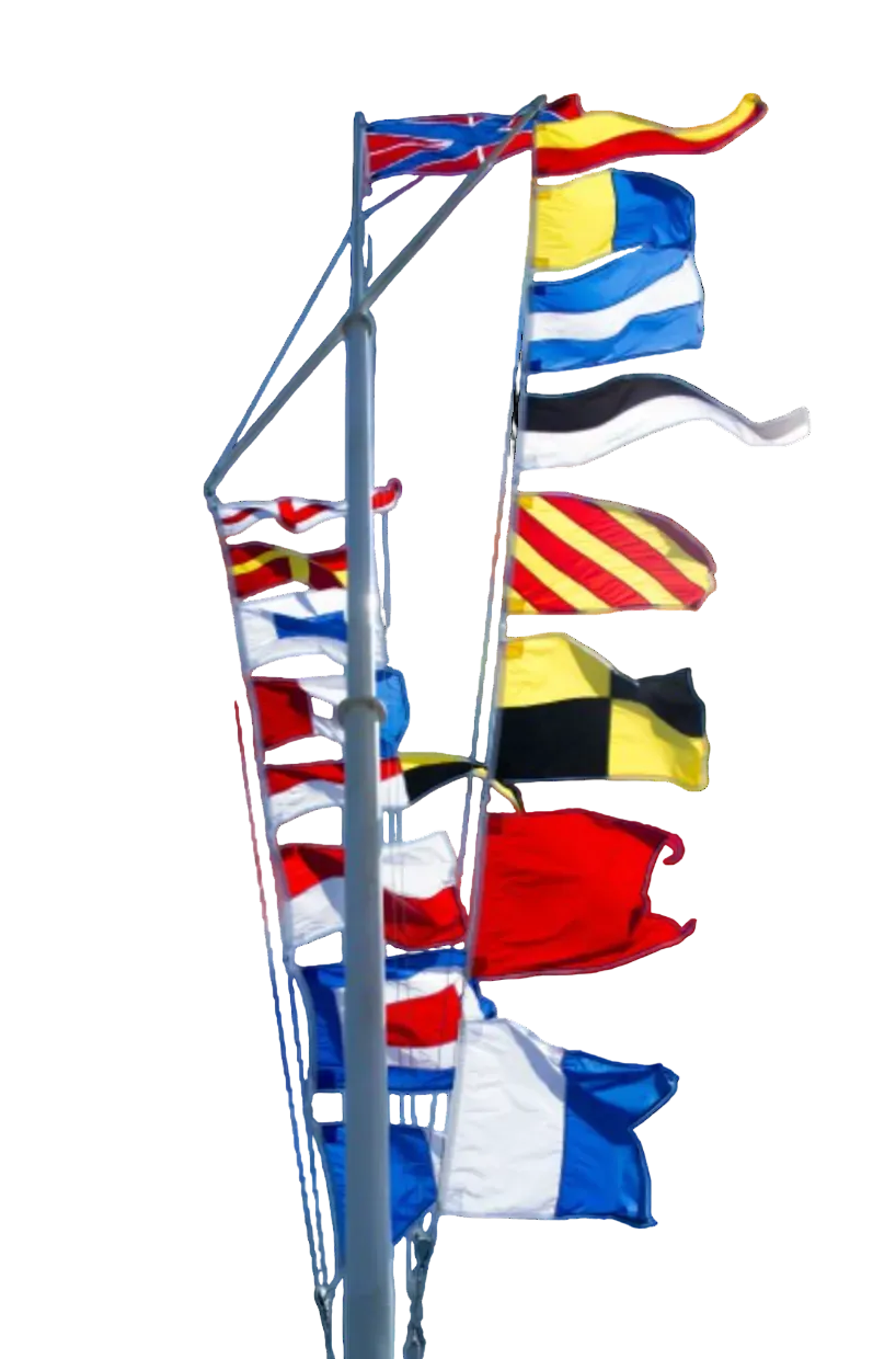 Set of colorful signal flags on a pole against a white background
