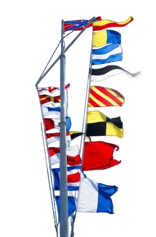 Set of colorful signal flags on a pole against a white background