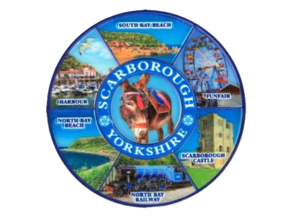 Circular design featuring images and text of Scarborough, Yorkshire on a blue background