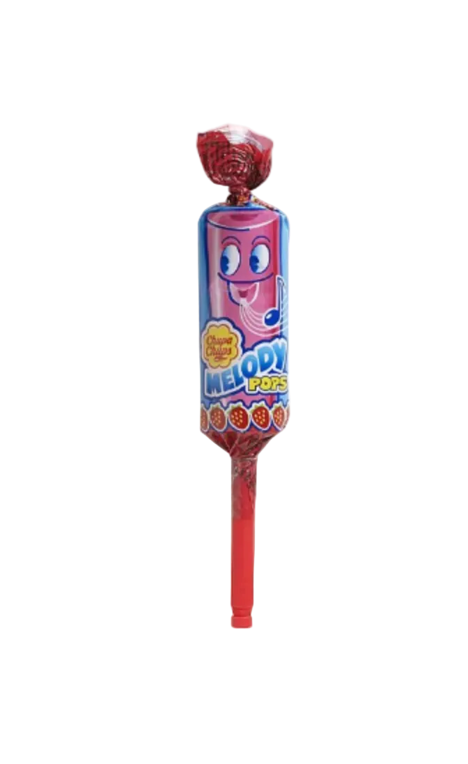 Red and blue lollipop with a cartoon character on a white background