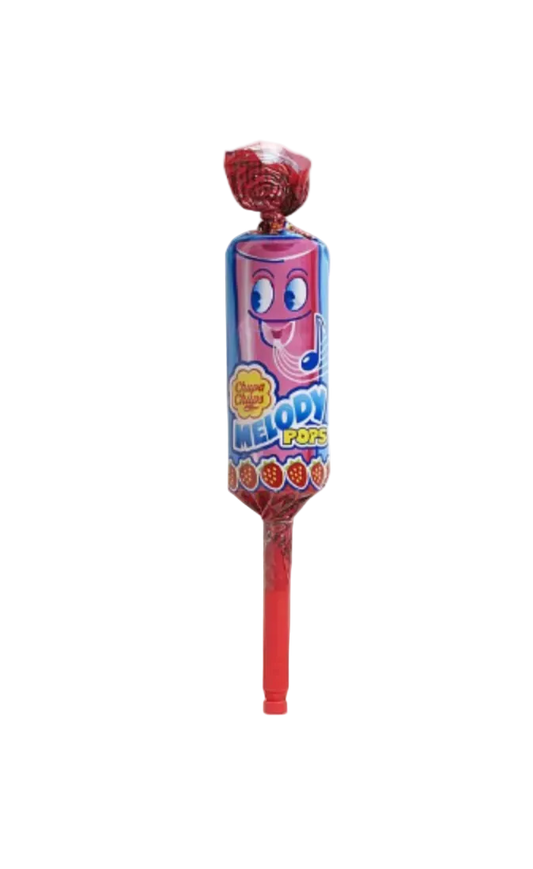 Red and blue lollipop with a cartoon character on a white background