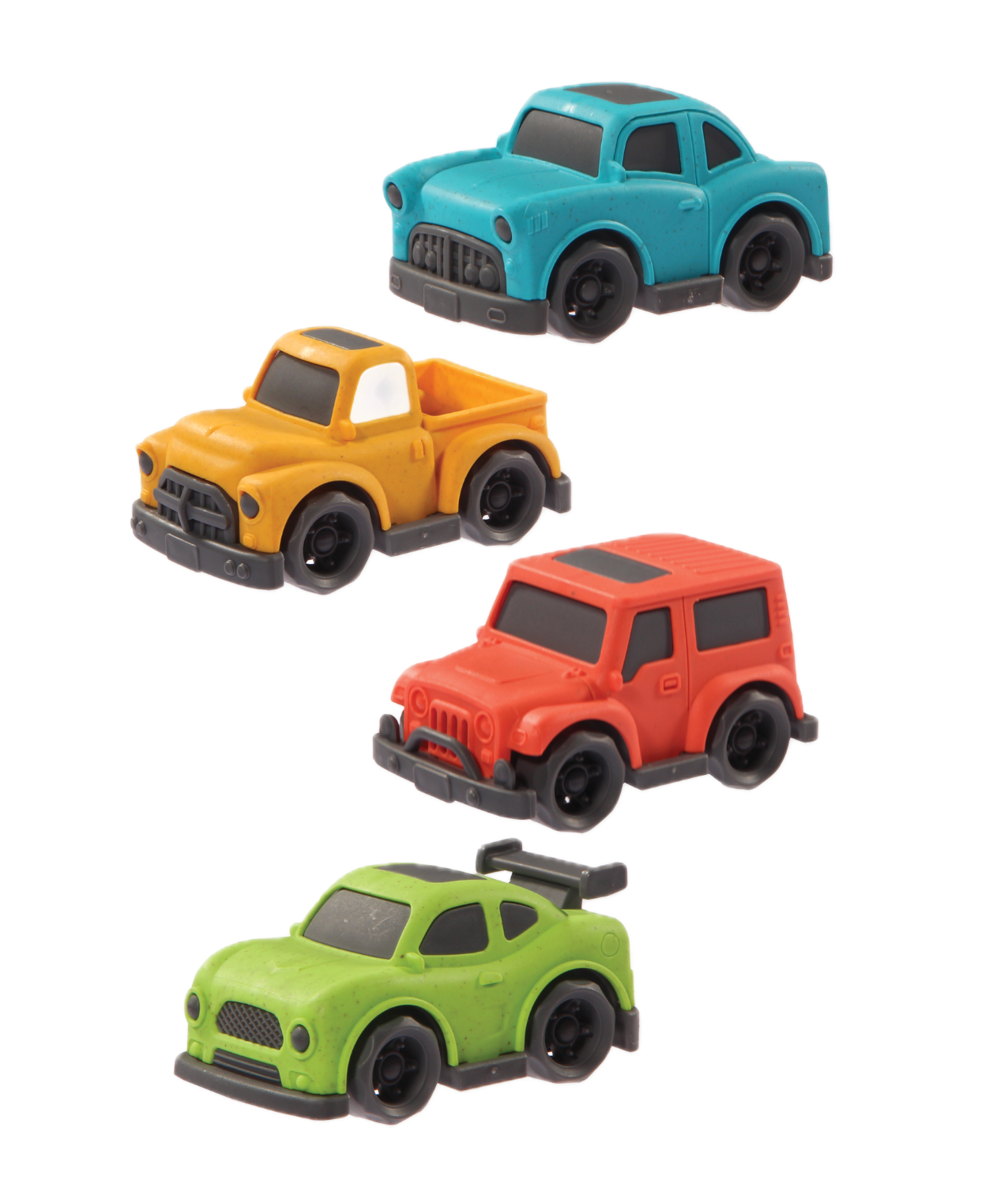 Four colorful toy cars on a white background