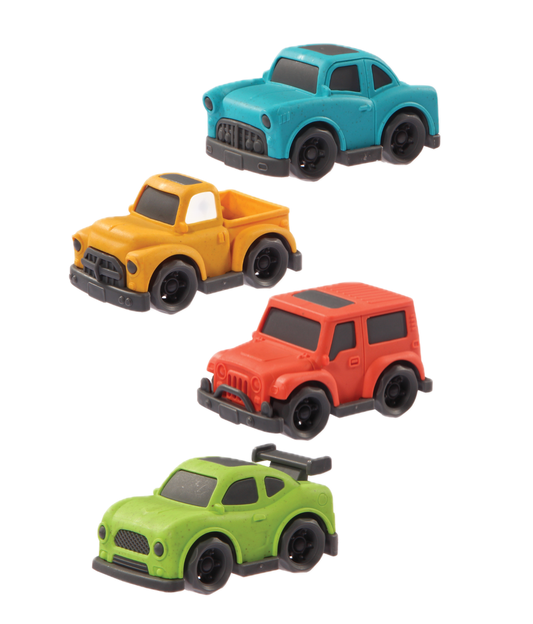Four colorful toy cars on a white background