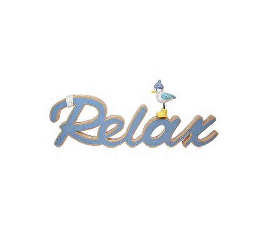 Decorative sign with the word 'Relax' and a bird figurine on a white background