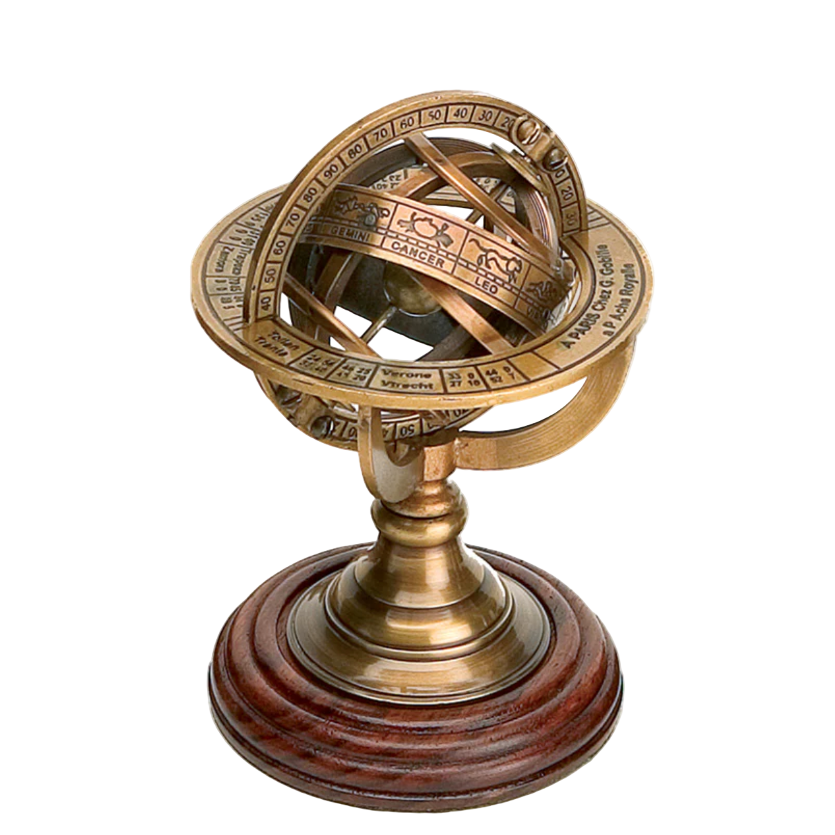 Brass astrolabe on a wooden base against a white background