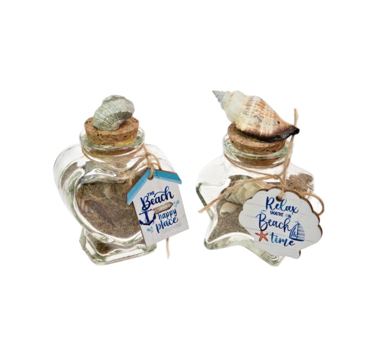 Two small glass jars with sand and shells, each labeled with a decorative tag.