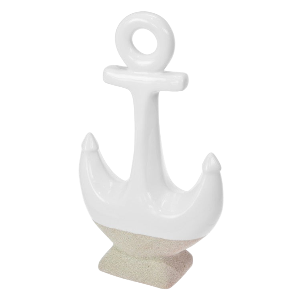 White ceramic anchor decorative item on a white background