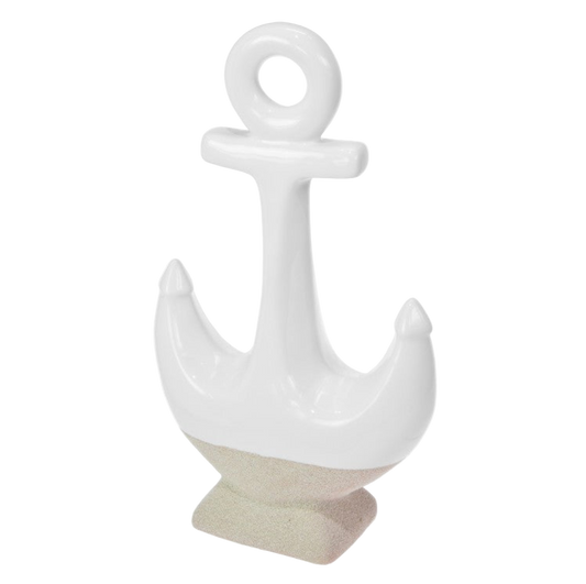 White ceramic anchor decorative item on a white background