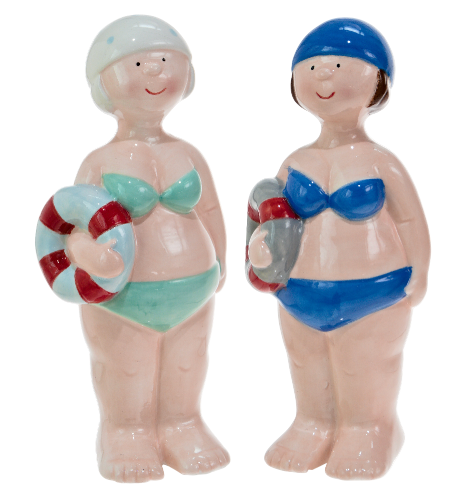 Two ceramic figures of women in swimsuits with life preservers on a white background