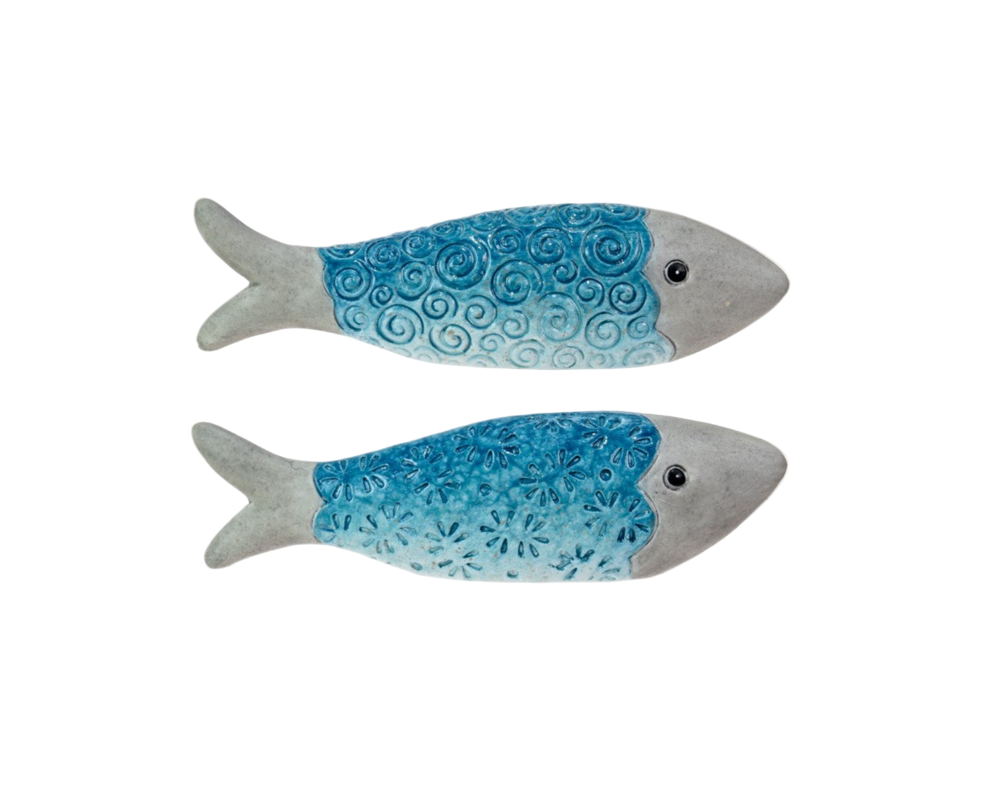 Two blue fish-shaped objects on a white background