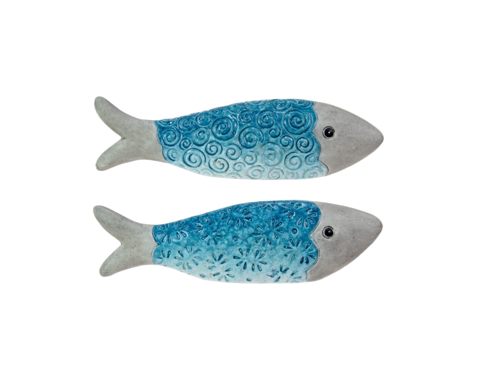 Two blue fish-shaped objects on a white background
