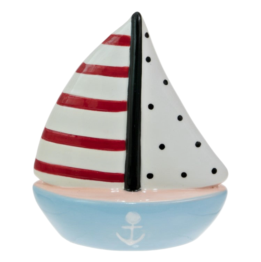 Sailboat-shaped object with red and white striped sail on a white background
