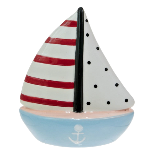 Sailboat-shaped object with red and white striped sail on a white background