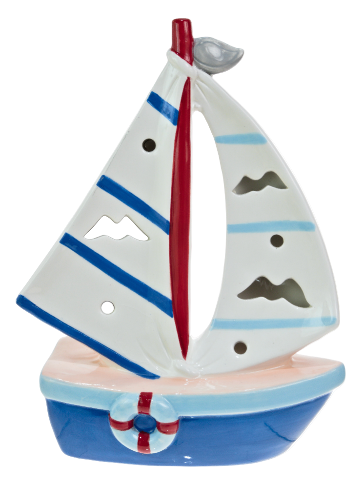 Sailboat figurine with a red mast and blue stripes on a white background
