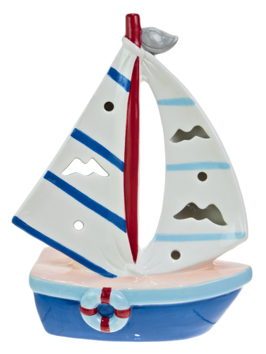 Sailboat figurine with a red mast and blue stripes on a white background