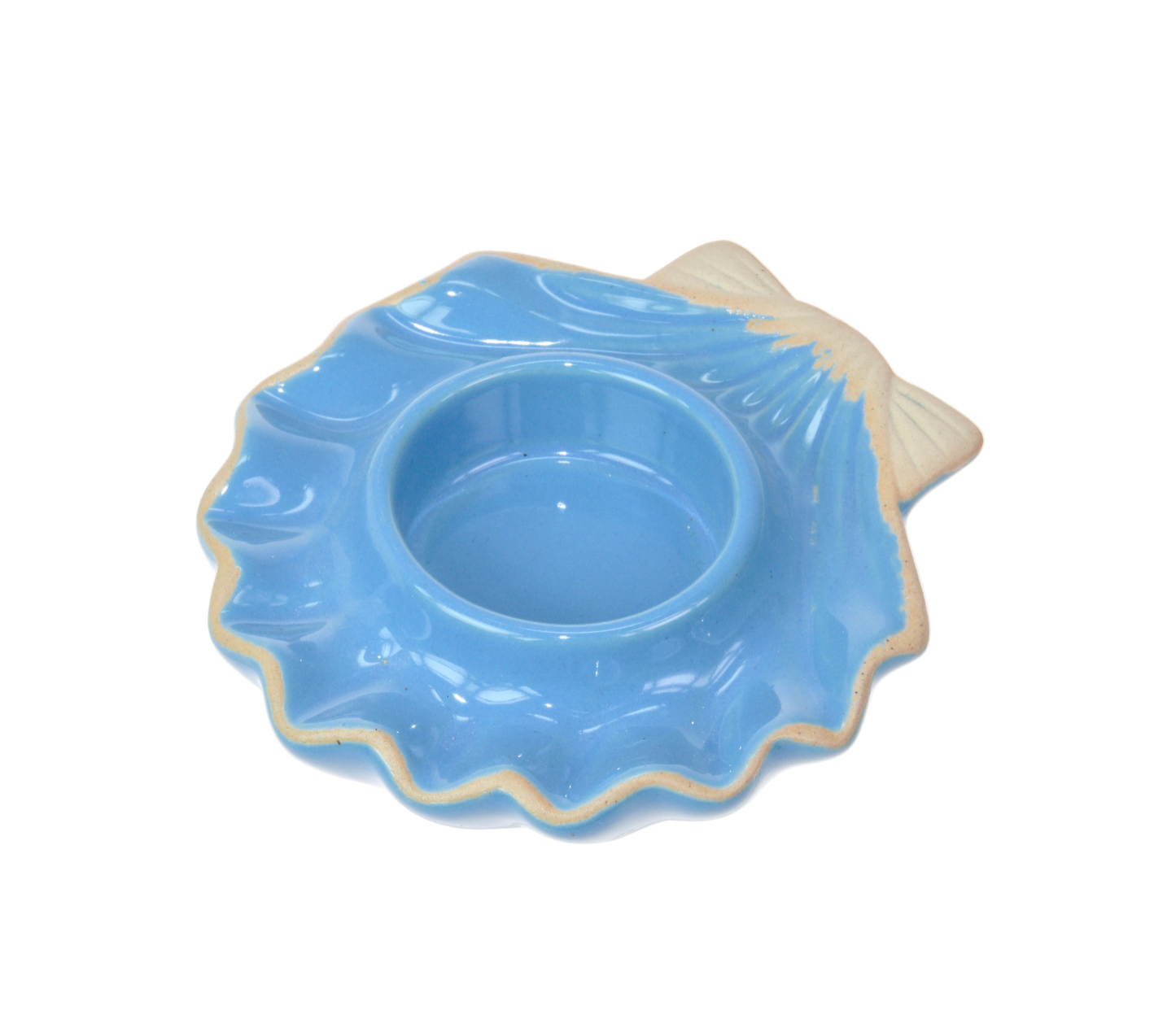 Blue ceramic dish with scalloped edge and a tealight holder in the middle on a white background