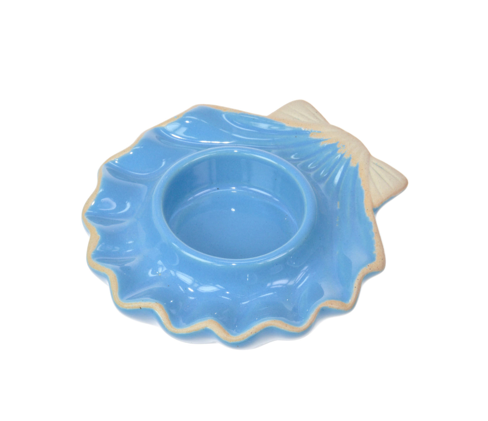 Blue ceramic dish with scalloped edge and a tealight holder in the middle on a white background