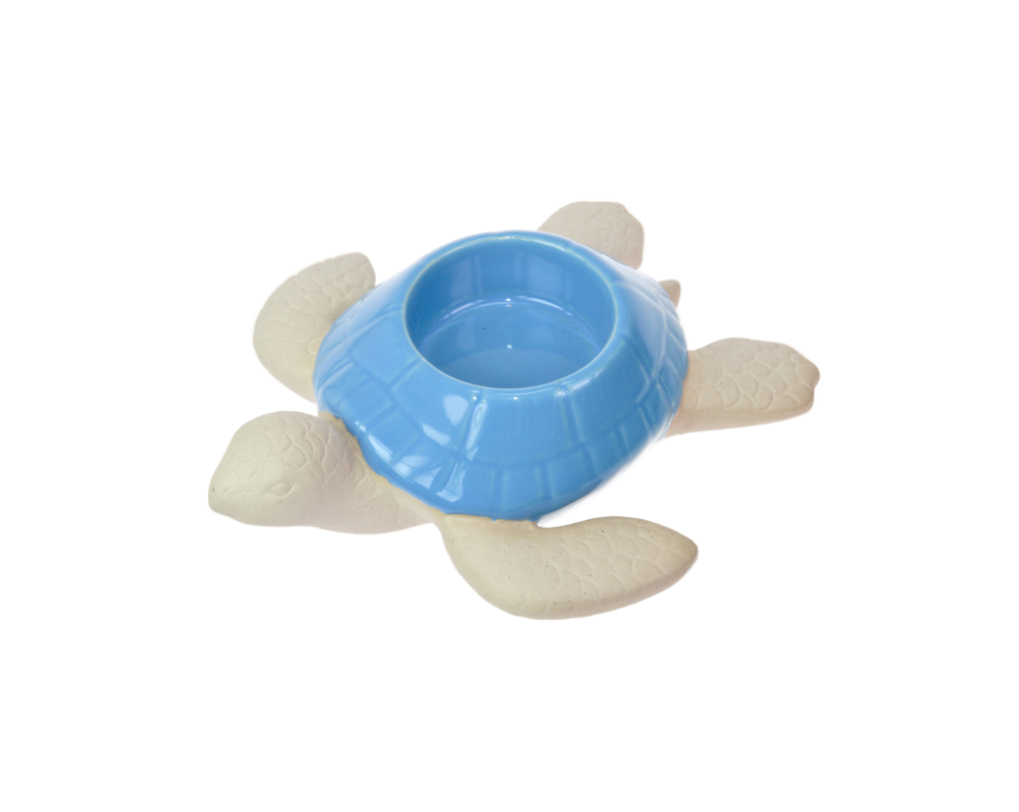 Blue turtle-shaped ornament with tealight holder in the shell on a white background
