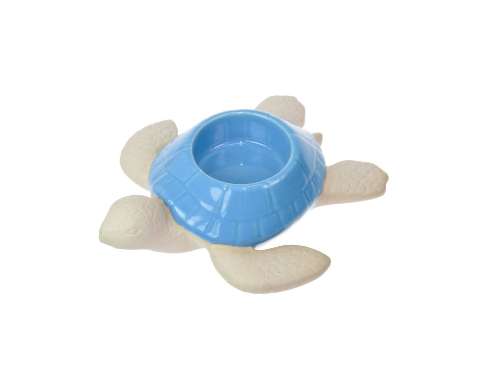 Blue turtle-shaped ornament with tealight holder in the shell on a white background
