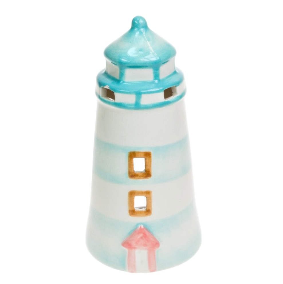 Ceramic lighthouse-shaped object with a blue top and white body on a white background
