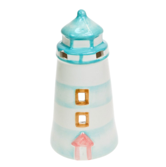 Ceramic lighthouse-shaped object with a blue top and white body on a white background