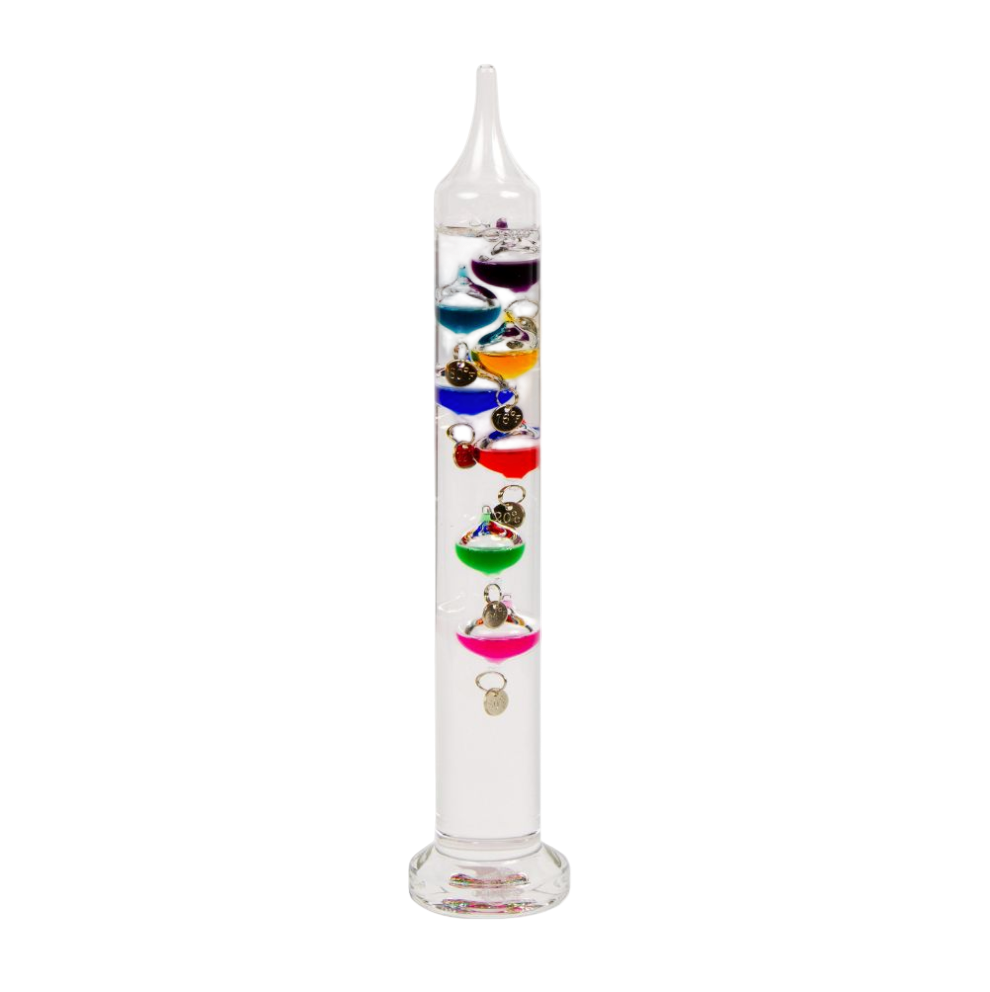 Glass thermometer with colorful liquid levels on a white background
