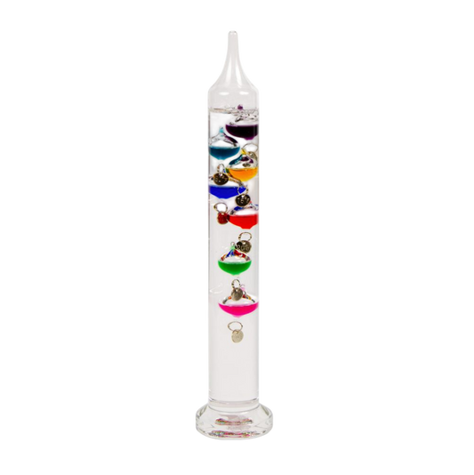 Glass thermometer with colorful liquid levels on a white background