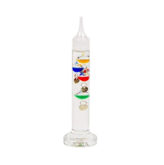 Glass thermometer with colorful liquid levels on a white background
